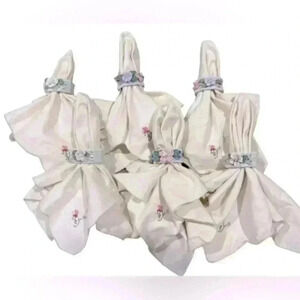 Vintage Bridgerton Inspired Porcelain Floral Napkin Rings & Embroidered Napkins